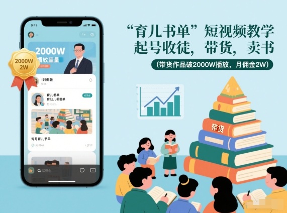 育儿书单短视频教学，起号收徒，带货，卖书（带货作品破2000W播放，月佣金2W）-默默网创