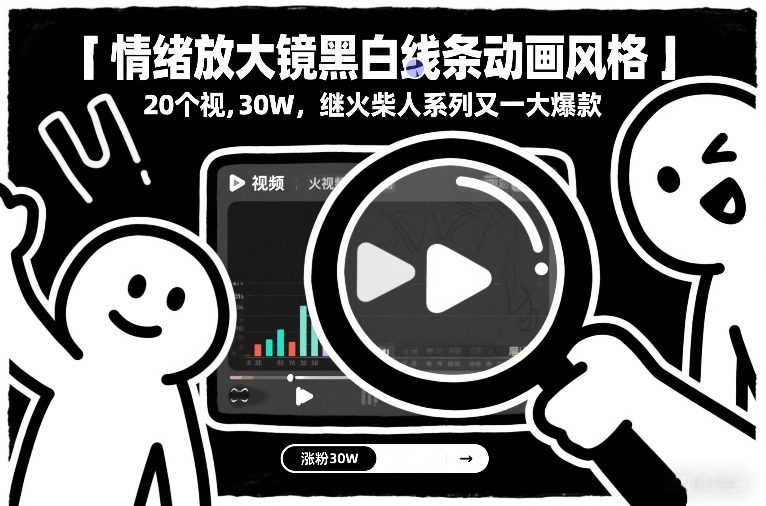 情绪放大镜黑白线条动画风格，20个视频，涨粉30W，继火柴人系列又一大爆款-默默网创