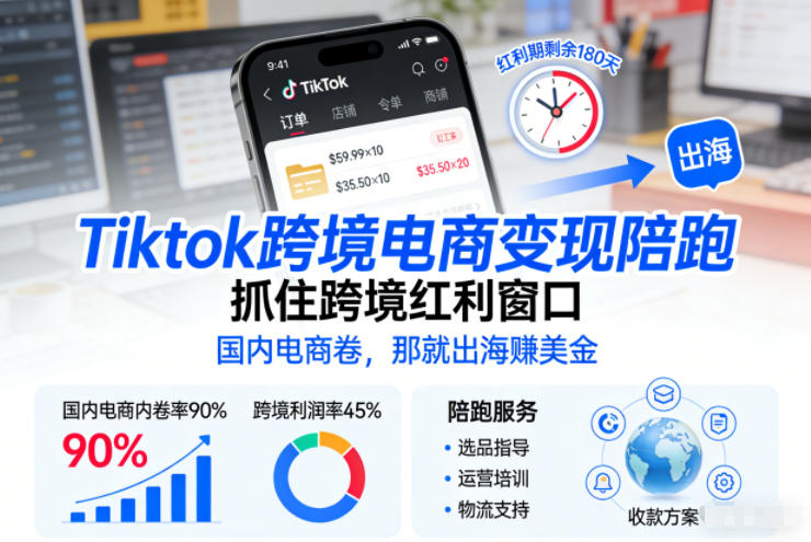 Tiktok跨境电商变现陪跑，抓住跨境红利窗口，国内电商卷，那就出海賺美金-默默网创